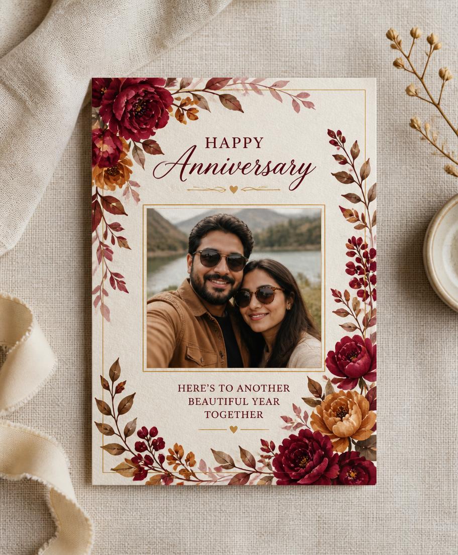 Printed anniversary card with a couple's selfie inside a floral border