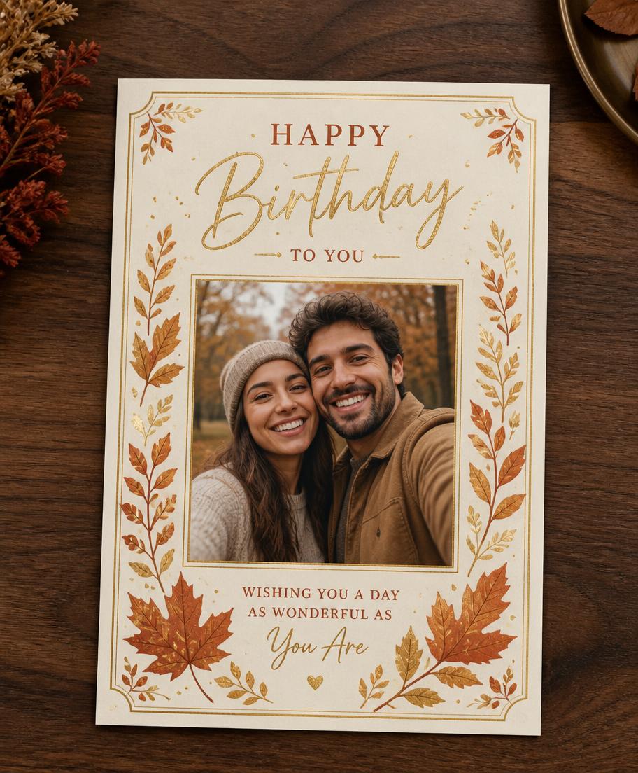 Printed birthday card with a couple's selfie inside an autumn leaf border