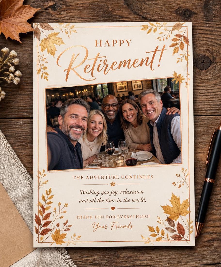 Printed retirement card with a group selfie of friends dining together
