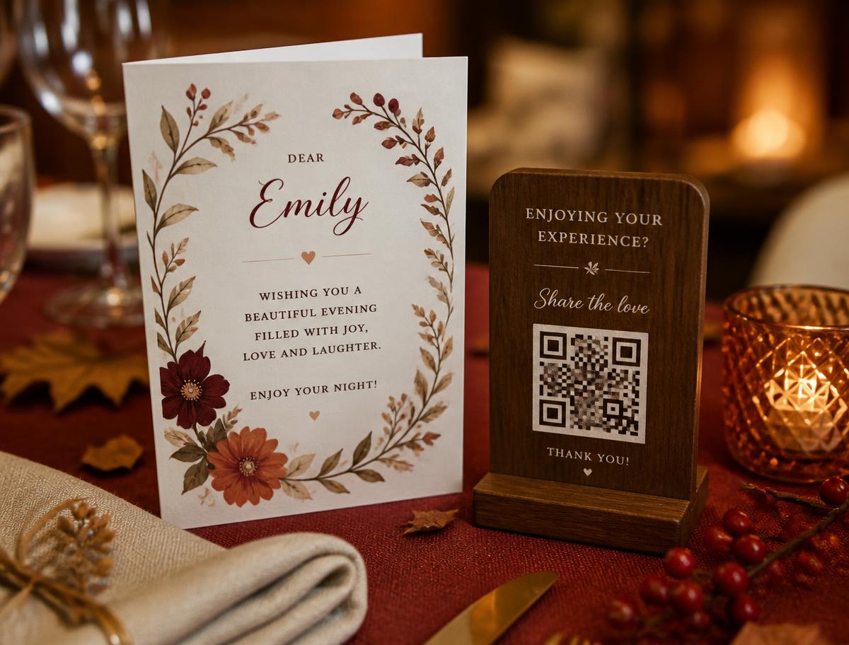 A printed personalized greeting card on a restaurant table beside a wooden table tent with a QR code